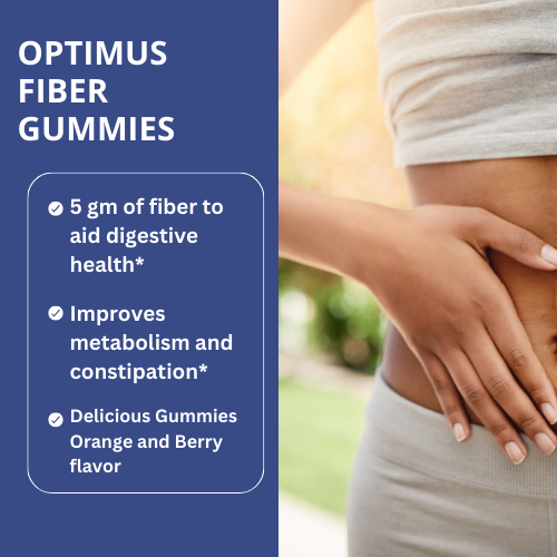 Optimus Fiber Gummies. Las Gomitas de Fibra favorecen la Salud y la Regularidad de la Digestión. 5 Gramos de Fibra Prebiótica. Vegetarianas. Sin Gluten. 100% Naturales. Para Mujeres y Hombres. Fabricadas en USA. 60 gomitas.