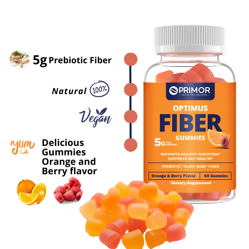 Optimus Fiber Gummies. Las Gomitas de Fibra favorecen la Salud y la Regularidad de la Digestión. 5 Gramos de Fibra Prebiótica. Vegetarianas. Sin Gluten. 100% Naturales. Para Mujeres y Hombres. Fabricadas en USA. 60 gomitas.