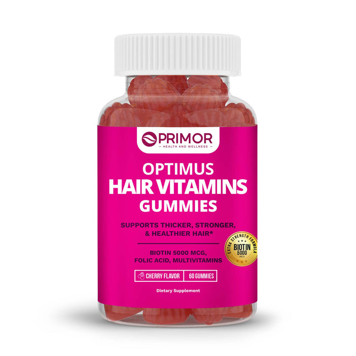 Optimus VITAMINS FOR HAIR Gummies, 5000 mcg Biotin – Cherry Flavor: With Vitamins A, C, D, E, B6 and B12, with Zinc, Iodine, for Beautiful + Thick, Strong and Healthy Hair - Men and Women