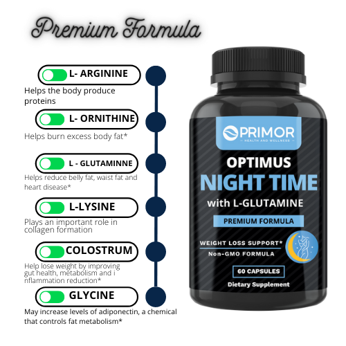 Optimus Night Time Fórmula Prémium : Quemador de Grasa Nocturno que Funciona Mientras Duermes, con L-Glutamina, L-Arginina, L-Ornitina y Calostro, sin OGM, 100% Natural, para Mujeres y Hombres, Fabricado en USA, 60 cápsulas