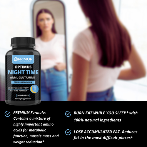 Optimus Night Time Fórmula Prémium : Quemador de Grasa Nocturno que Funciona Mientras Duermes, con L-Glutamina, L-Arginina, L-Ornitina y Calostro, sin OGM, 100% Natural, para Mujeres y Hombres, Fabricado en USA, 60 cápsulas