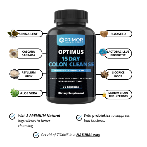 Optimus 15 Day Colon Cleanse Limpieza Intestinal y de Colon Avanzada para Bajar de Peso y Desintoxicar, con Cáscara Sagrada, Hoja de Sen, Cáscara de Psyllium, Probióticos y más, 100% Natural, para Mujeres y Hombres, Fabricado en USA., 30 cápsulas.