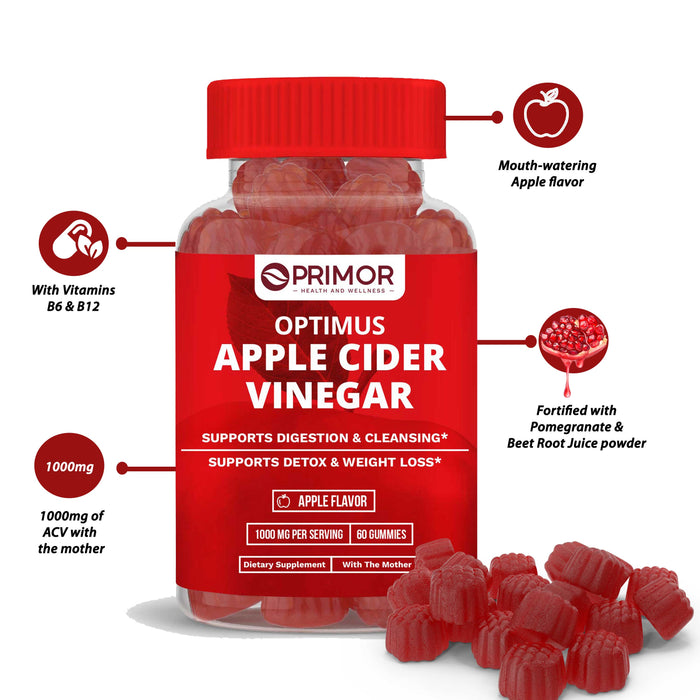 Optimus APPLE CIDER VINEGAR With the Mother Gummies – 1000 mg -To Support Weight Loss – Energy Levels – Detox and Cleanse – Vegan, Gluten-Free, with B12, Pomegranate and Beet Juice