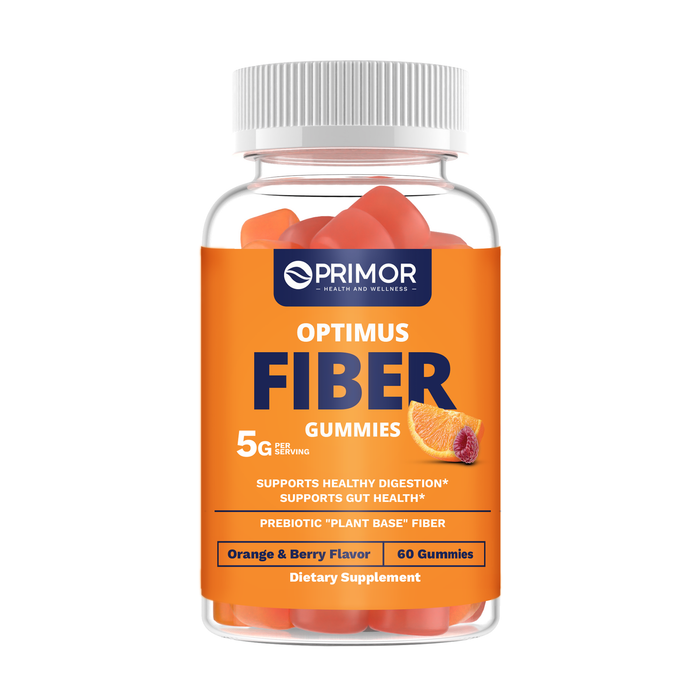 Optimus Fiber Gummies. Las Gomitas de Fibra favorecen la Salud y la Regularidad de la Digestión. 5 Gramos de Fibra Prebiótica. Vegetarianas. Sin Gluten. 100% Naturales. Para Mujeres y Hombres. Fabricadas en USA. 60 gomitas.