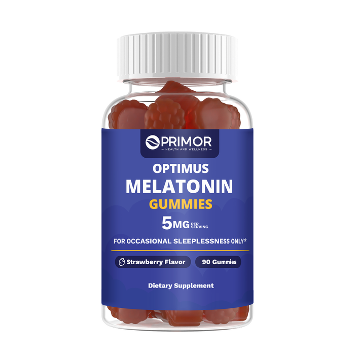 Optimus Melatonina Gummies Para Ayudar a Conciliar el Sueño de Forma Natural. Máxima Potencia: 5 mg por Ración. Sabor a Fresa. Vegetarianas. Sin gluten. 100% Naturales. 90 gomitas.