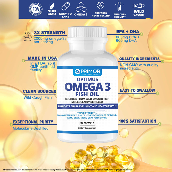 Aceite de pescado salvaje Optimus OMEGA-3 - Triple potencia - 2000 mg - EPA/DHA - Destilado molecularmente | Apoya la salud del cerebro, los ojos, las articulaciones y el corazón