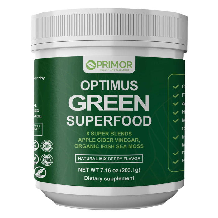 Optimus GREEN SUPER-FOOD - Musgo irlandés orgánico + polvo ACV - 8 mezclas y 21 superalimentos orgánicos: delicioso sabor natural a BERRY, NON-GMO, vegano | Tiroides | Digestión | Desintoxicación | Hongos y más...