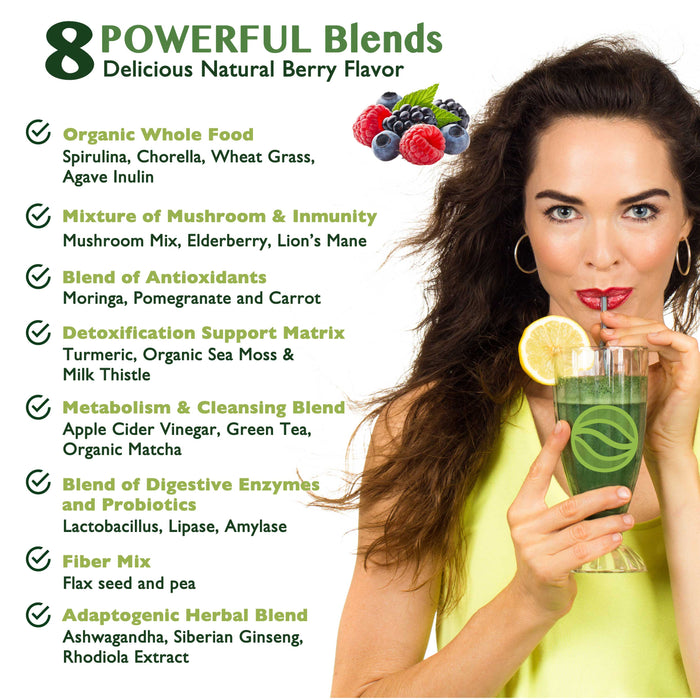 Optimus GREEN SUPER-FOOD - Organic Irish Moss + ACV Powder - 8 Blends and 21 Organic Superfoods: Delicious Natural BERRY Flavor, NON-GMO, Vegan | Thyroid | Digestion | Detox | Mushrooms and more…