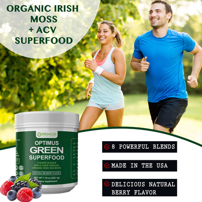 Optimus GREEN SUPER-FOOD - Organic Irish Moss + ACV Powder - 8 Blends and 21 Organic Superfoods: Delicious Natural BERRY Flavor, NON-GMO, Vegan | Thyroid | Digestion | Detox | Mushrooms and more…